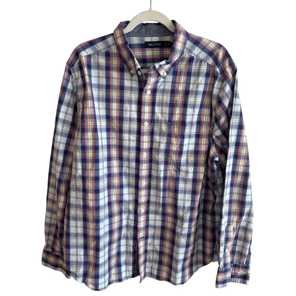 Nautica Mens XL Plaid Button Down Long‎ Sleeve Blue Red Yellow Check Regular